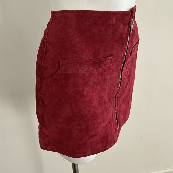 100% Suede Leather Fire Away Blank NYC Skirt Burgundy Full Zip 28 - Picture 8 of 10